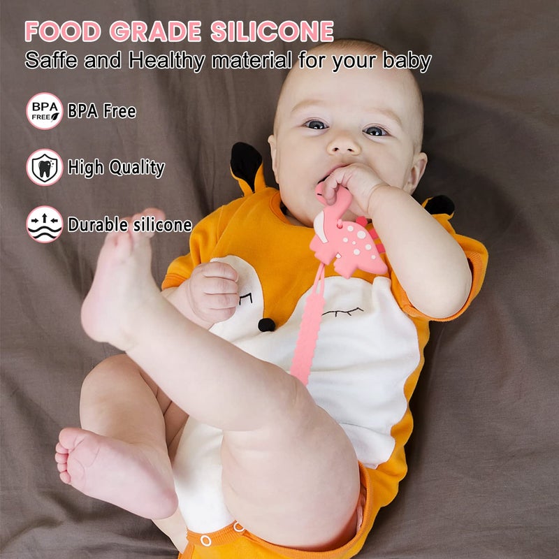 mislili Teething Toys for Babies, Baby Teethers with Clip Silicone Teether Toys for Boys and Girls Infant Teething Relief Dinosaur Shape, Pink - Image 3